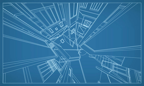 抽象的3d 渲染的建筑线框结构。模板设计中的矢量构造图形思想