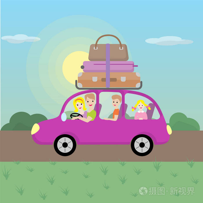 家庭旅行由汽车到自然父亲母亲儿子和小女儿去旅行插图的卡通风格平面