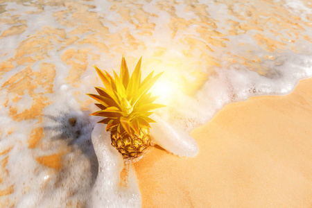菠萝在沙子和水流动图片
