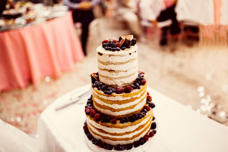 美丽的婚礼蛋糕与浆果, 关闭