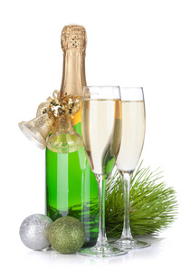 香槟瓶 眼镜和圣诞装饰