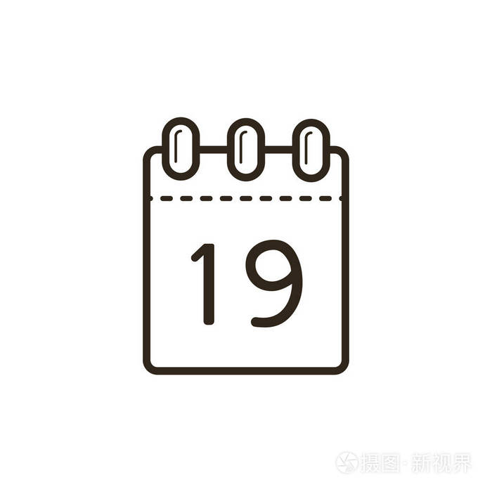 黑色和白色线的艺术图标的撕毁日历与数字十九在纸上
