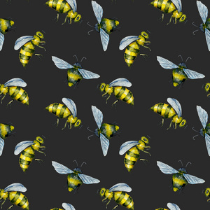 无缝图案与水彩蜜蜂, 手绘制在黑暗的背景下隔离
