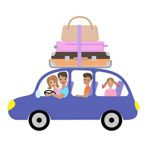 家庭旅行由汽车到自然。父亲, 母亲, 儿子和小女儿去旅行。插图的卡通风格。平面设计