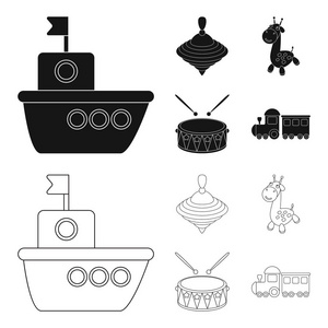 船, 圣诞, 长颈鹿, 鼓。玩具集合图标黑色, 轮廓样式矢量符号股票插画网站