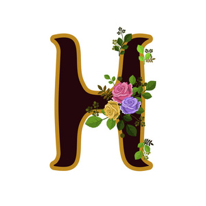 用玫瑰和树叶装饰的字母 h, 在白色背景下被隔离照片