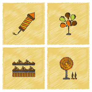 五颜六色的马戏团图标收集在孵化风格