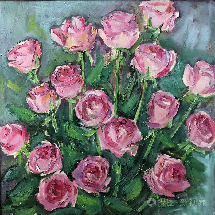 画粉红色的玫瑰花花束.图片包含一个有趣的想法, 唤起情感, 审美快感.