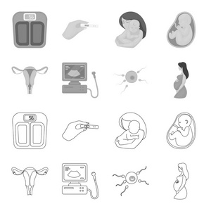 子宫, 超声仪, 受精。怀孕集合图标的轮廓, 单色风格矢量符号股票插画网站