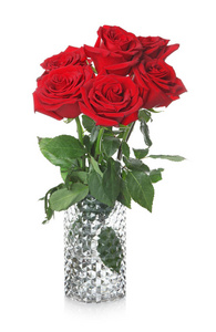 白色背景的美丽的玫瑰花瓶