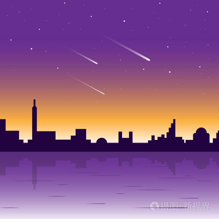 一个夜晚的城市景观的矢量插图与星星和水中的倒影插画-正版商用图片