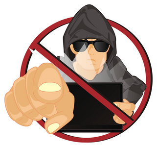 黑客与笔记本电脑偷看从红色禁令和显示手势嘿, 你照片