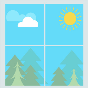 带有云和太阳的夏季树木的绿色森林观的矢量窗框