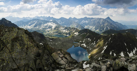 乌云开始聚集在群山之上。广泛的高 Tatra 山全景