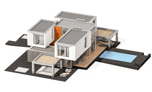 3d. 在河边用车库出售或出租现代舒适的房子。在白色上隔离