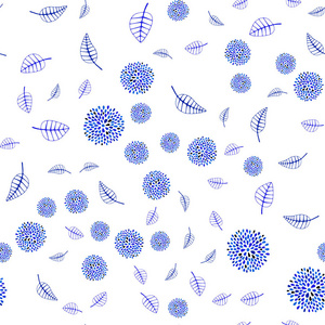 淡蓝色矢量无缝涂鸦布局与树叶和花朵。叶子, 花在自然样式在白色背景。手绘网页设计, 包装