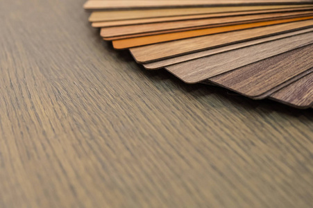 家庭或商业建筑中地板层压或家具的木制样品。小颜色样品板。复制空间, 设计