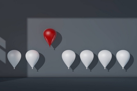 站出来的人群和不同的概念, 一个红色的气球飞离其他白色气球。3d 渲染