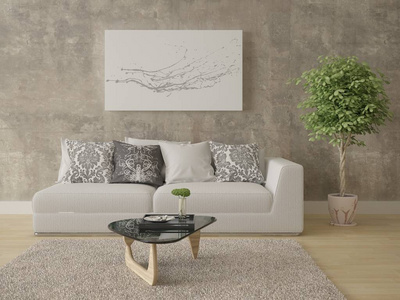 模拟一个明亮的客厅与紧凑舒适的沙发和时髦的背景