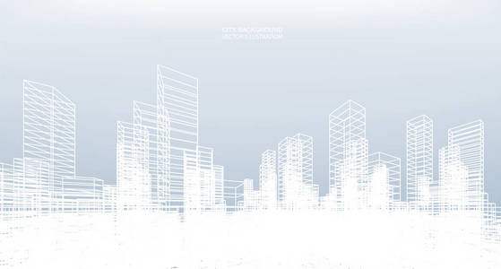 抽象线框城市背景。透视3d 渲染的建筑线框。矢量插图