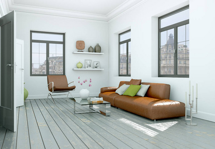现代 skandinavian 室内设计客厅与布朗真皮沙发