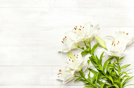 一束白色的百合花被隔离在白色的木质背景上。鲜花百合美丽花束白花花卉背景概念假日