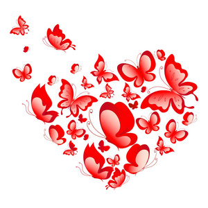 情人卡与飞红蝴蝶的形式, 在白色背景的心脏隔离, 浪漫的概念