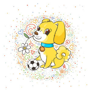 可爱的小狗与足球, 卡片或打印概念