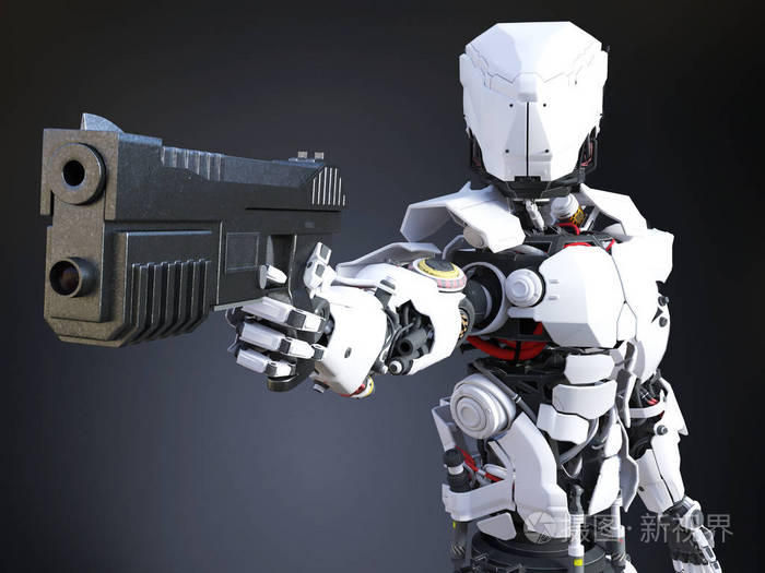 3d 渲染的未来机器人警察或士兵举枪.深色背景