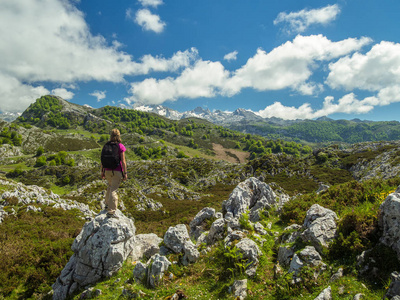 徒步旅行者观察 Picos 在阿斯图里亚斯的自然和山脉