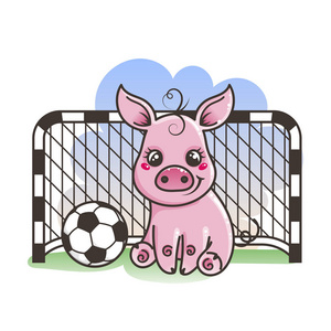 可爱的卡通猪与足球。矢量插图