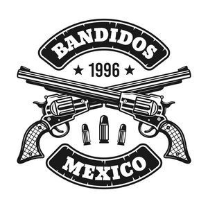 两支带文本矢量徽章的交叉手枪插画