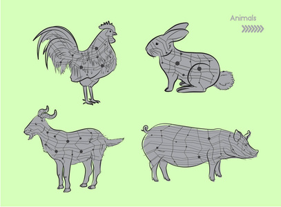农场动物几何线艺术矢量集