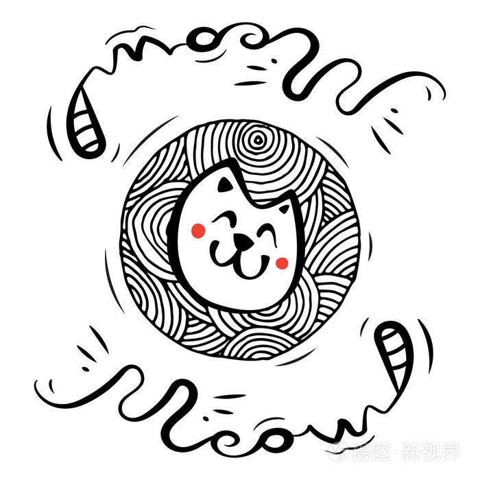 手绘黑色和白色简单的涂鸦猫图标.t恤印刷设计的矢量素描图解