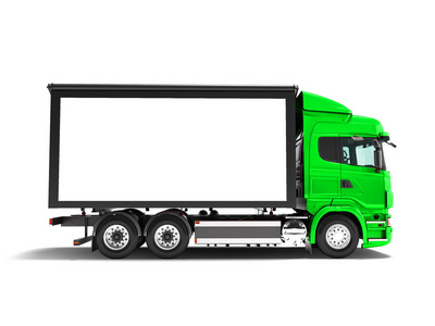 现代绿色卡车与白色拖车运输物品从边3d渲染在白色背景与阴影
