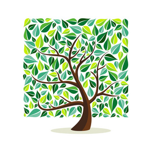 树由绿叶组成, 树枝呈方形.自然概念, 环境帮助或地球关心.