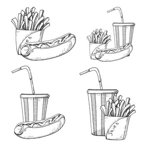 快餐素描.炸薯条, 热狗, 在白色背景下喝酒.向量照片