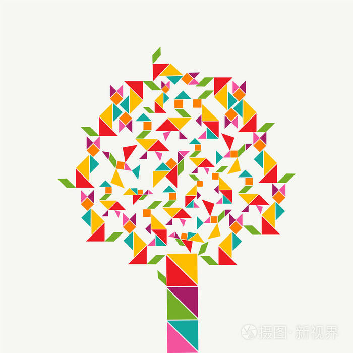 五颜六色的树与七巧板游戏的图标, 抽象的几何形状的动物.