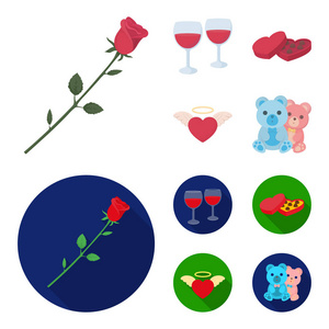 酒杯, 巧克力心, 熊, 情人节。Romantik 集合图标在卡通, 平面风格矢量符号股票插画网站