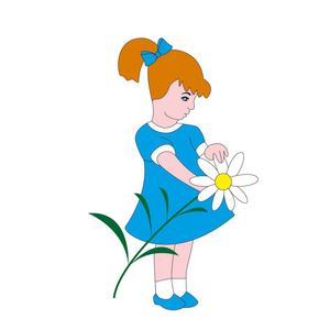 蓝色礼服的可爱的女孩与洋甘菊花隔绝由白色背景