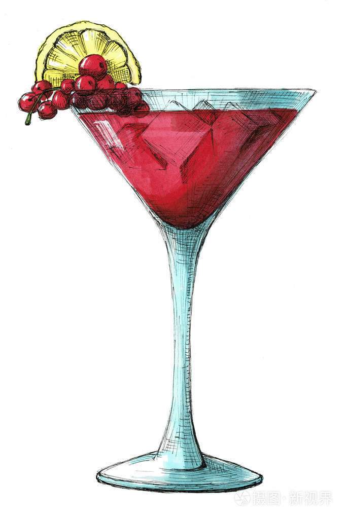在白色背景下分离的素描鸡尾酒标记绘制的插图