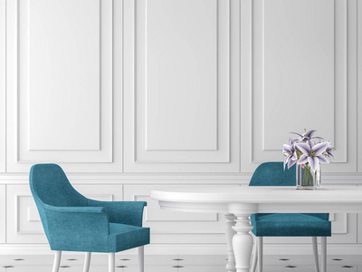 现代经典餐厅3d 渲染, 有空白色的墙壁, 配有白色的桌子和蓝色的椅子