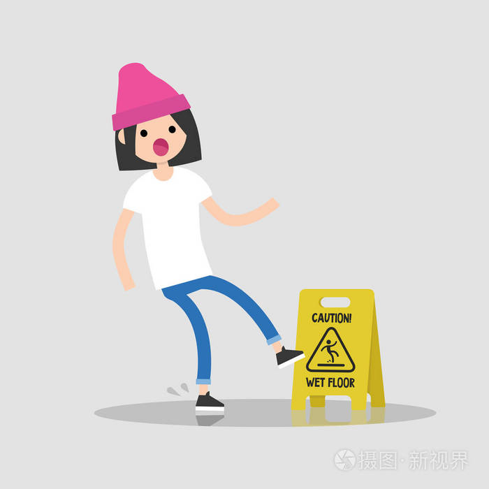 年轻女性的性格在潮湿的表面滑落.跌倒了.平面可编辑矢量插图, 剪贴画