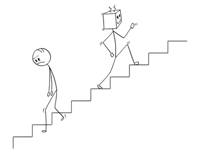 人类走下楼梯和机器人移动的卡通照片