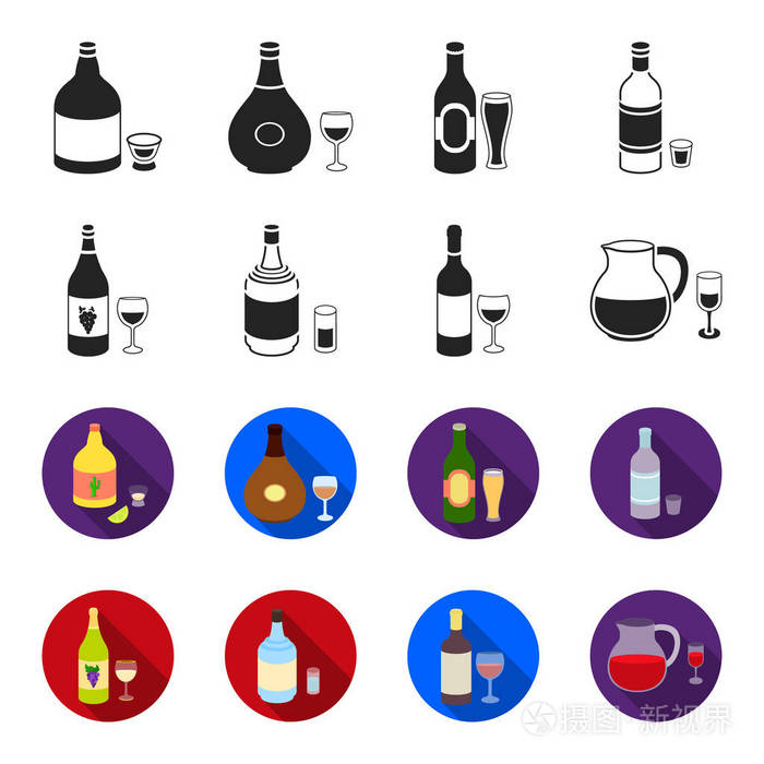 酒精集合图标在黑色, flet 样式矢量符号股票插画网站