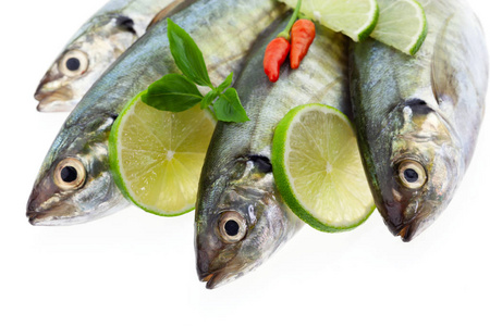 新鲜的鱼与柠檬和叶子隔绝在白色背景, 概念烹调背景