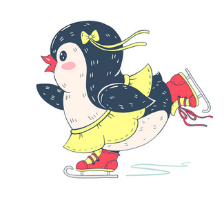 冬天例证以可爱的卡通企鹅穿冰鞋。矢量