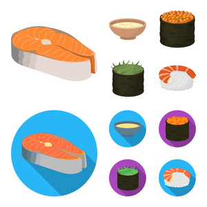 一碗汤, 鱼子酱, 虾和米饭。寿司集图标卡通, 平面式矢量符号股票插画网站