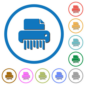 办公室碎纸机彩色矢量图标在白色背景的圆形轮廓上有阴影
