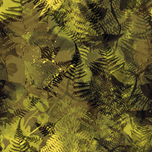 绿色热带兰花和蕨类植物混合重复无缝图案。数码手绘图片与水彩纹理